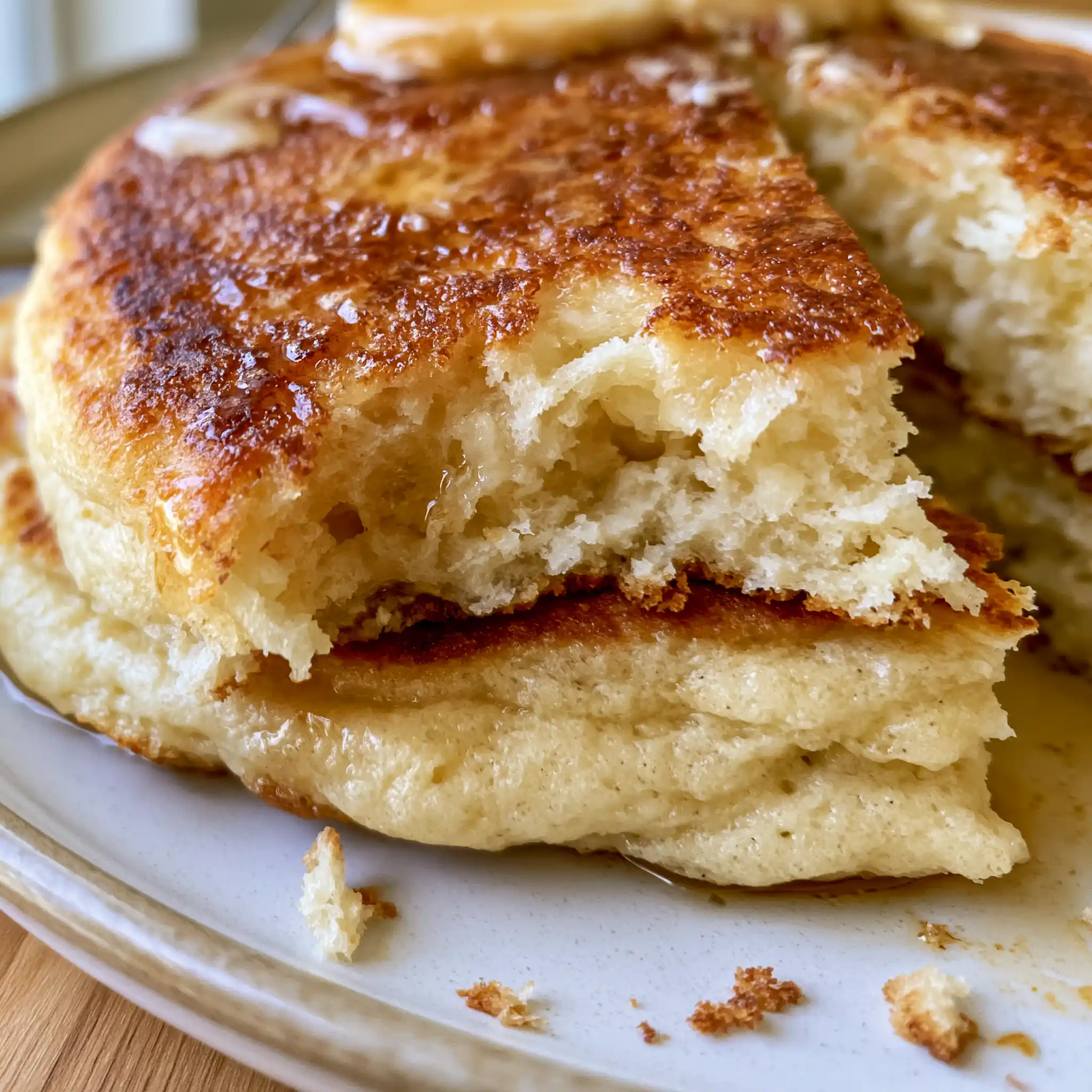 Close-up of thick fluffy pancakes showing a soft airy interior and golden edges
