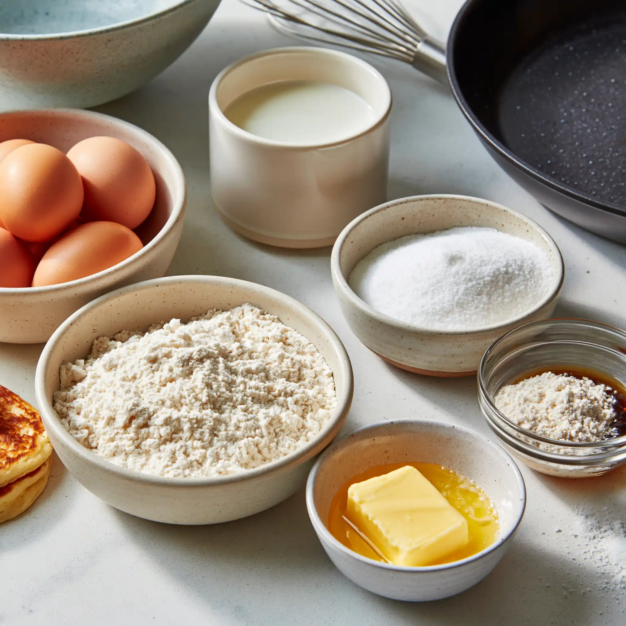 Ingredients for fluffy pancakes including flour, baking powder, sugar, milk, egg, butter and vanilla