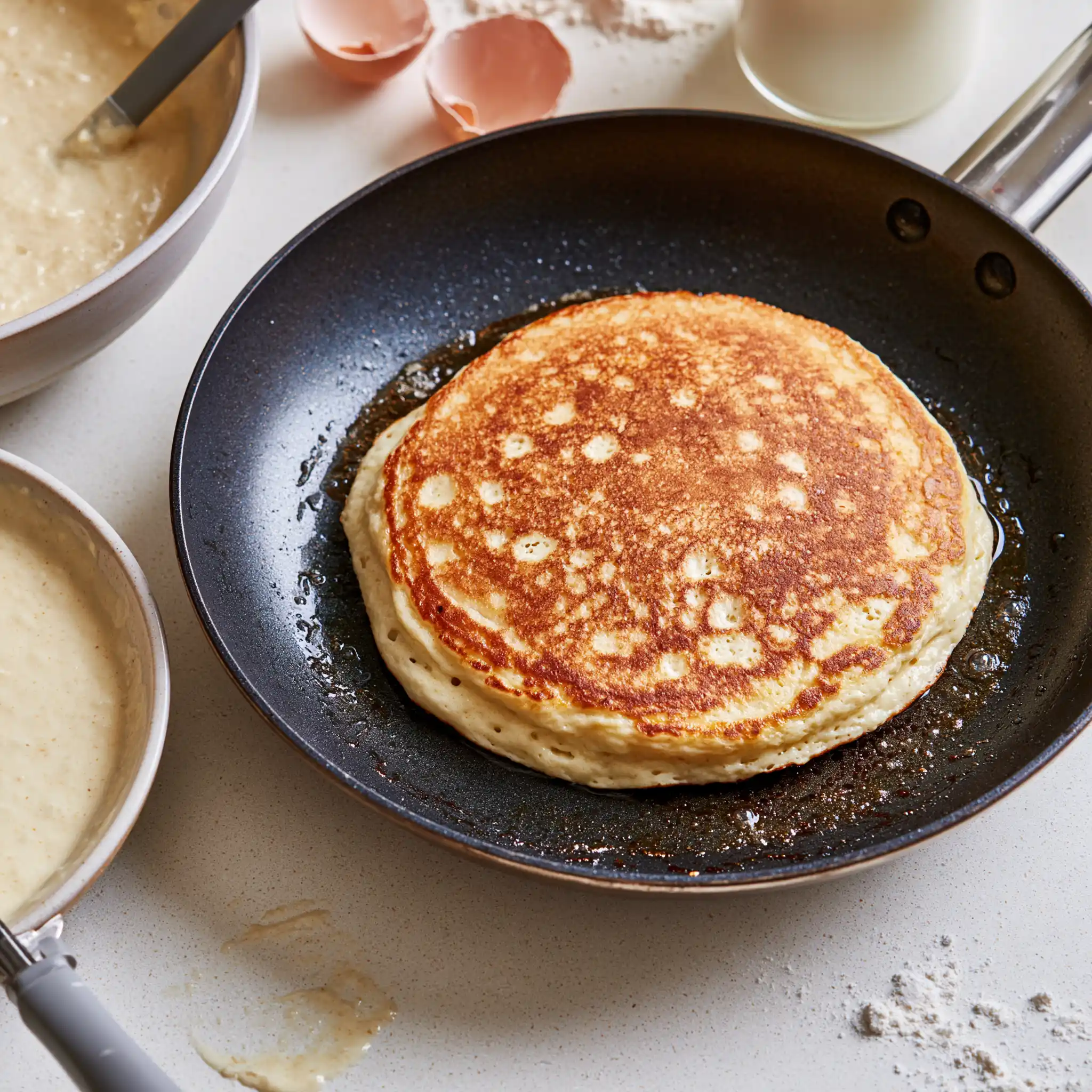 Fluffy pancake batter being mixed and cooked on a skillet until bubbles form