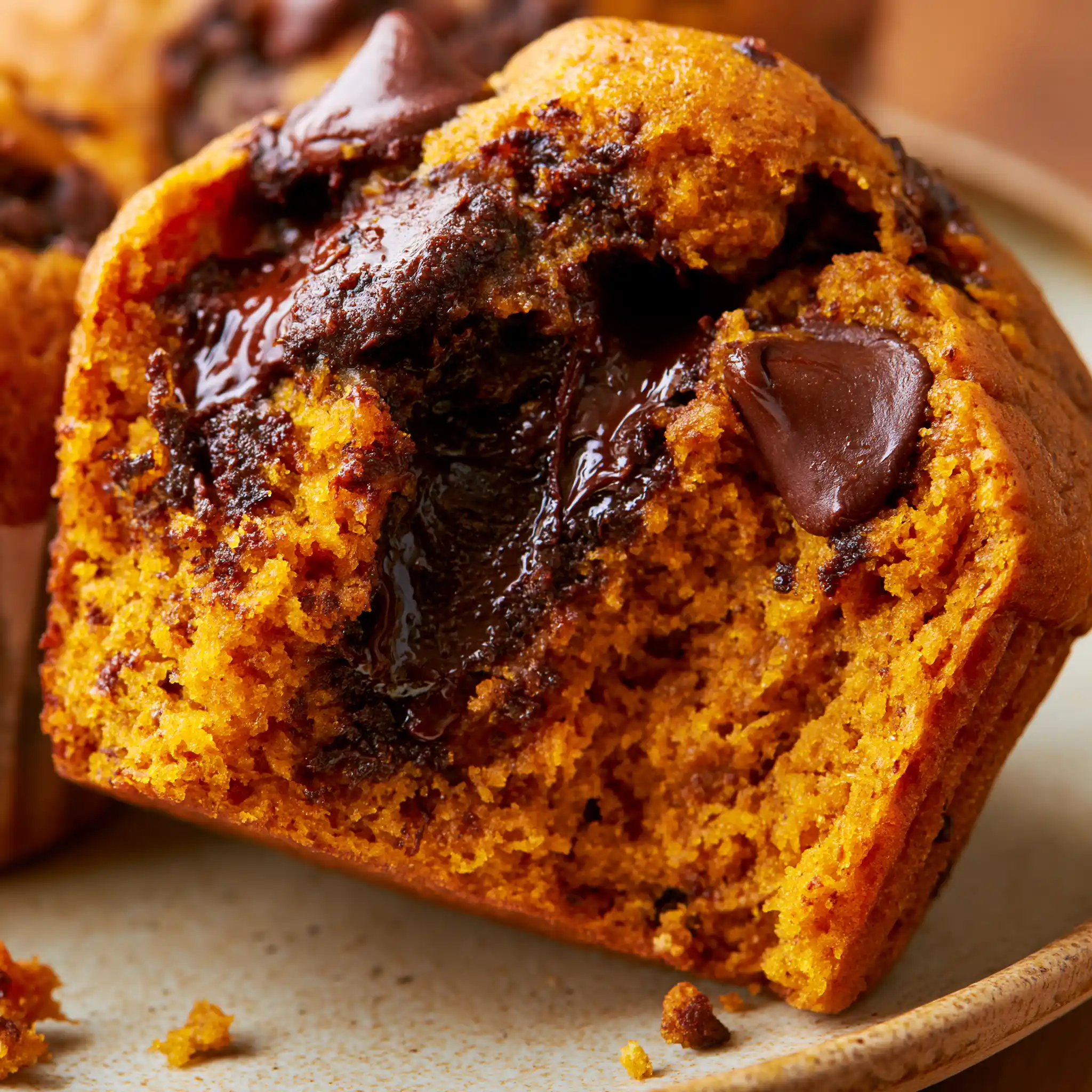 Close-up of a moist Pumpkin Chocolate Chip Muffin showing a soft spiced crumb and melted chocolate chips