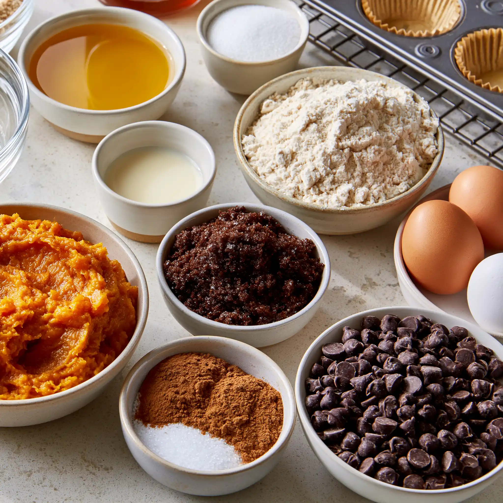 Pumpkin puree, flour, eggs, oil, sugars, warm spices and chocolate chips for pumpkin muffins