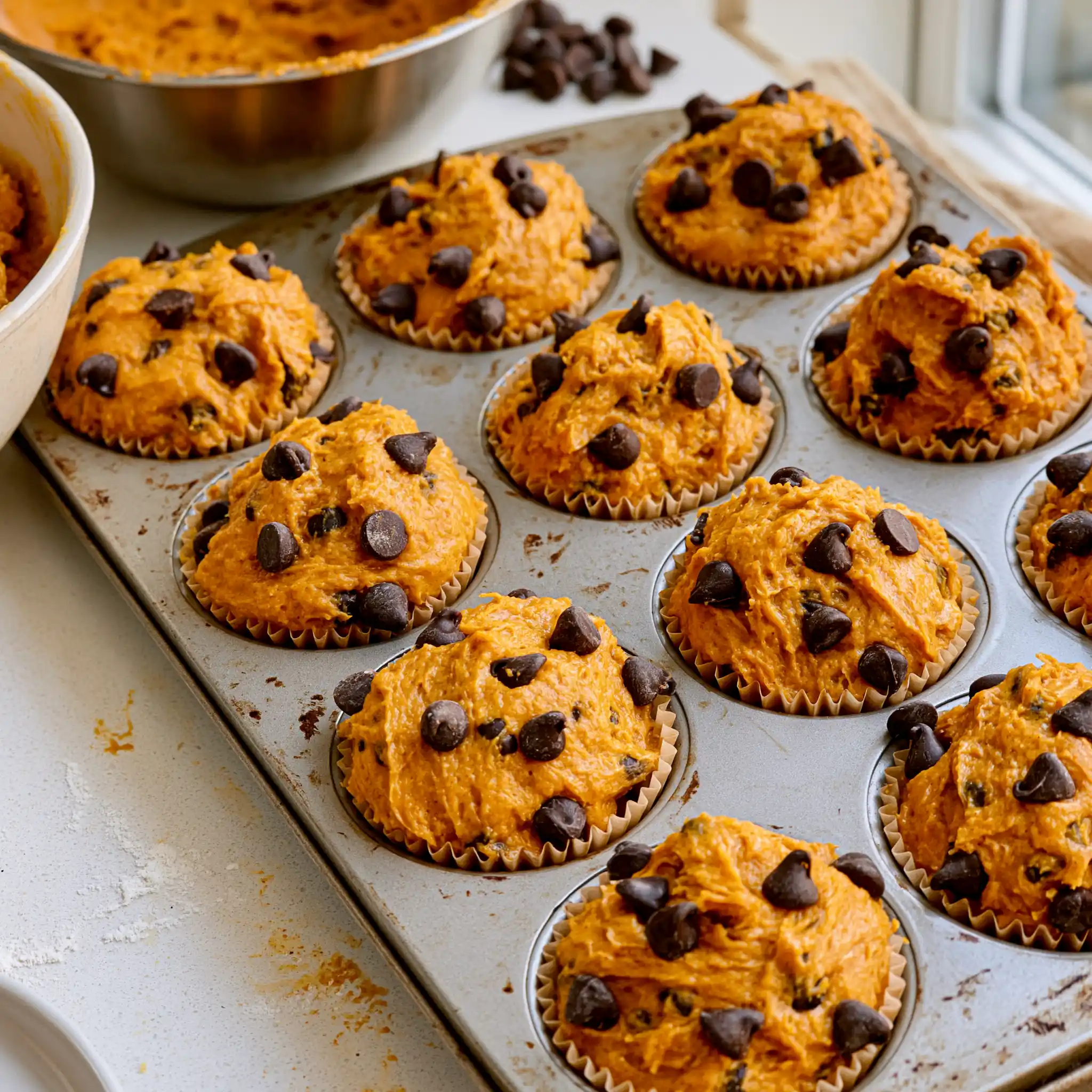 Thick pumpkin muffin batter being prepared with chocolate chips before baking