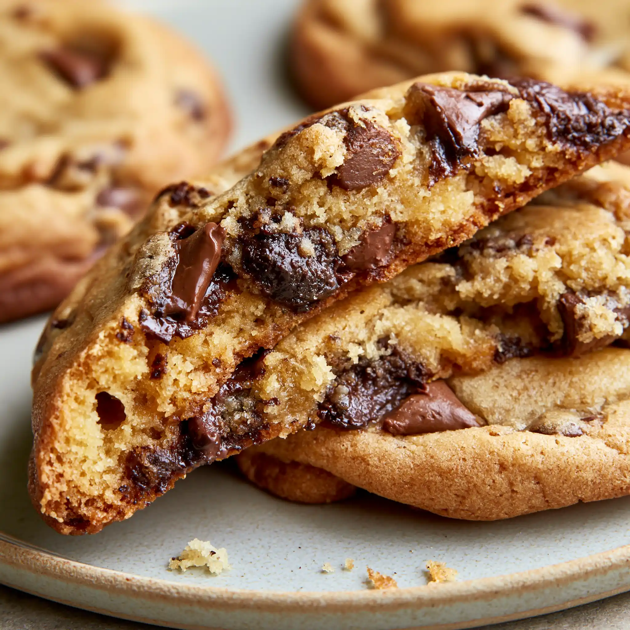 Close-up of a soft and chewy chocolate chip cookie showing a tender center and melted chocolate.