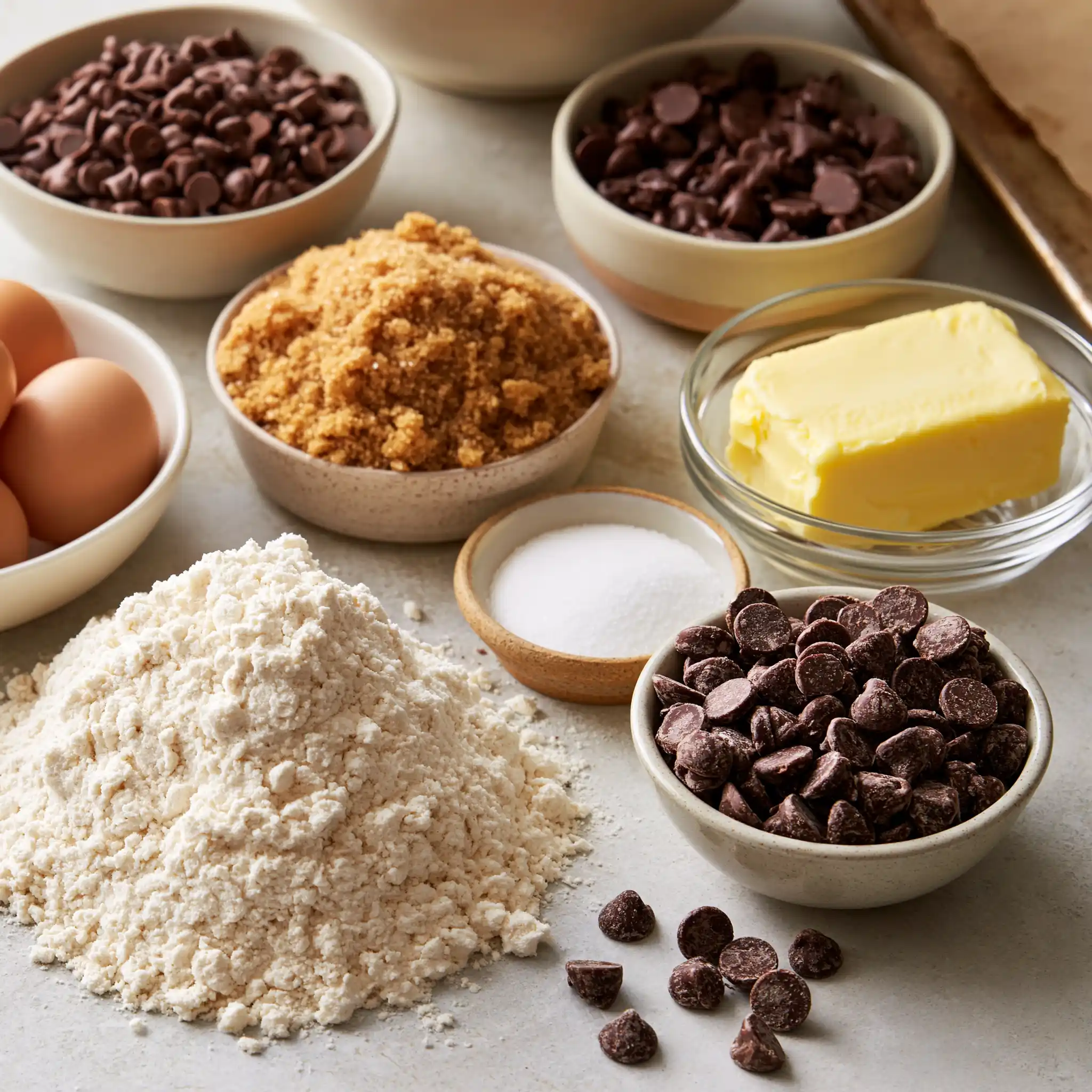 Butter, flour, brown sugar, eggs, vanilla and chocolate chips for soft and chewy chocolate chip cookies.