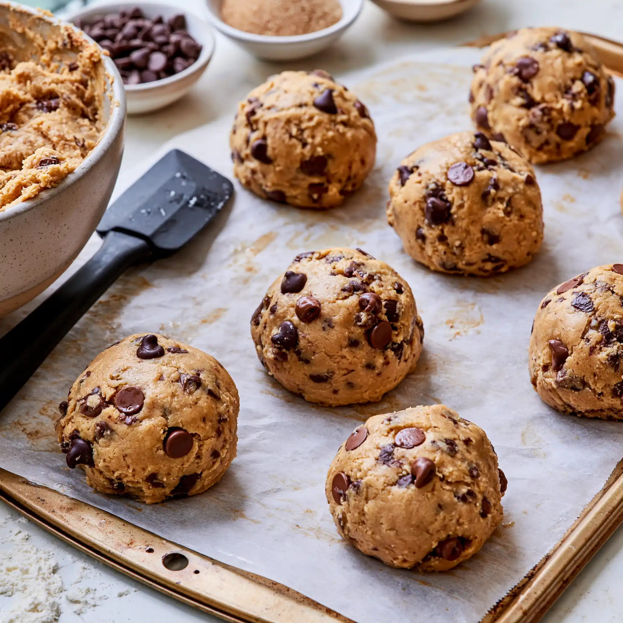 Soft chocolate chip cookie dough being prepared with visible chocolate chips before chilling.