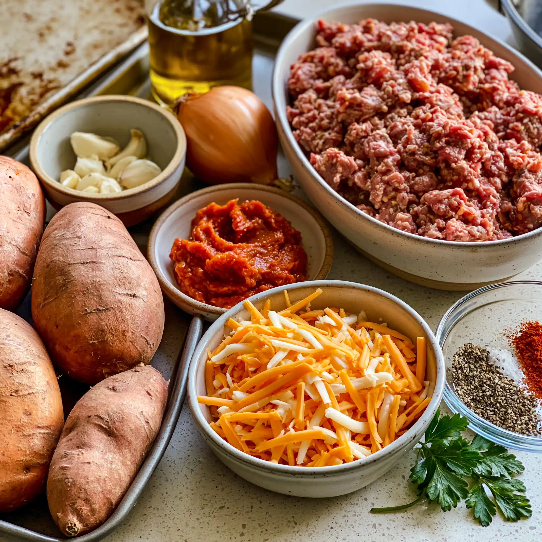 Sweet potatoes, ground beef, cheddar, bell pepper, onion, garlic, tomato paste and spices for stuffed sweet potatoes