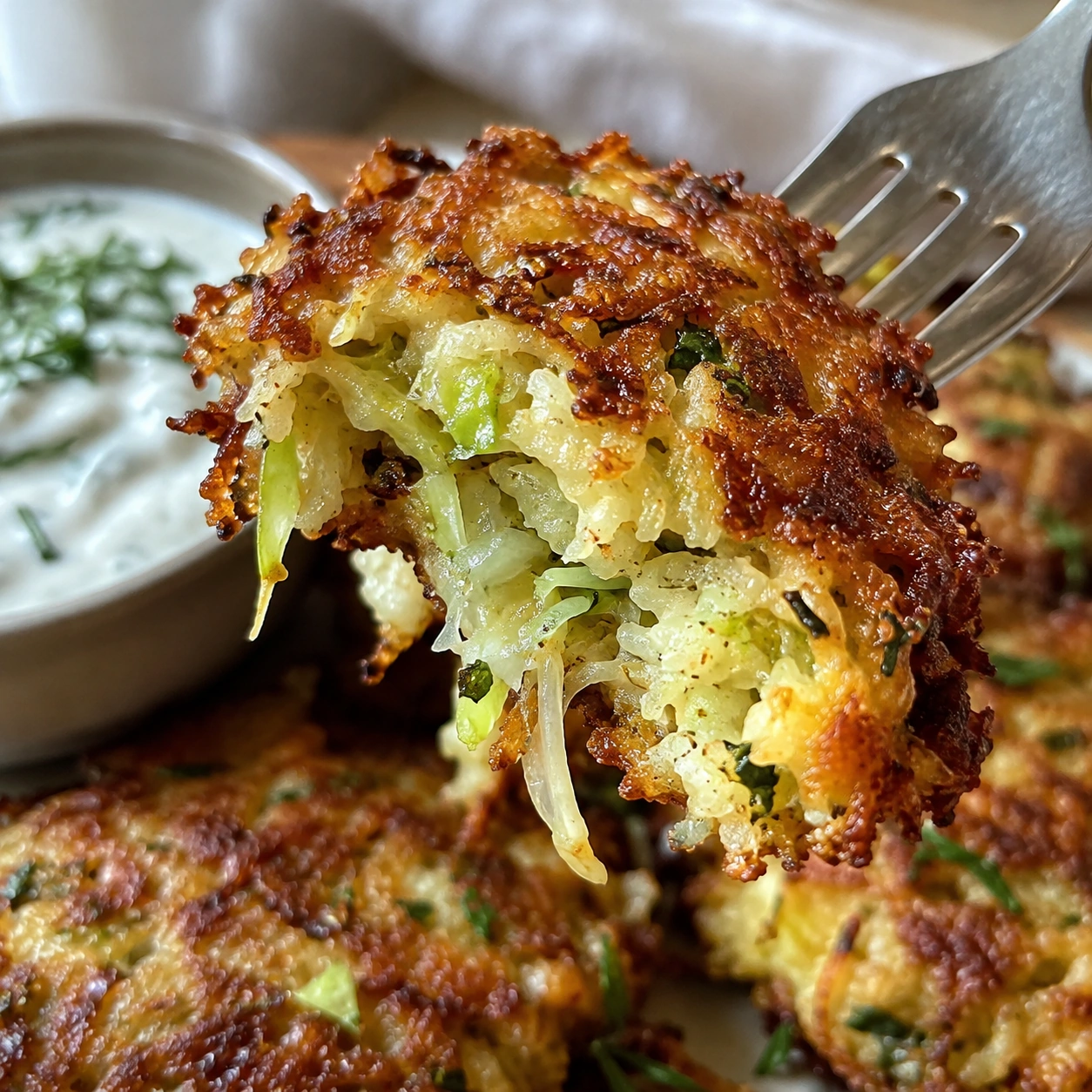 Close-up of crispy golden cabbage fritters showing their crunchy edges and tender shredded cabbage interior