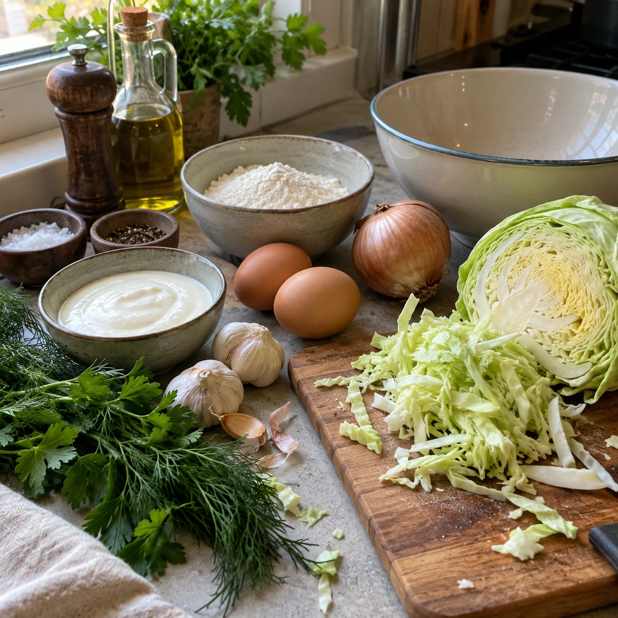 Shredded green cabbage, eggs, flour, cornstarch, garlic, green onions, Greek yogurt, lemon and herbs for cabbage fritters