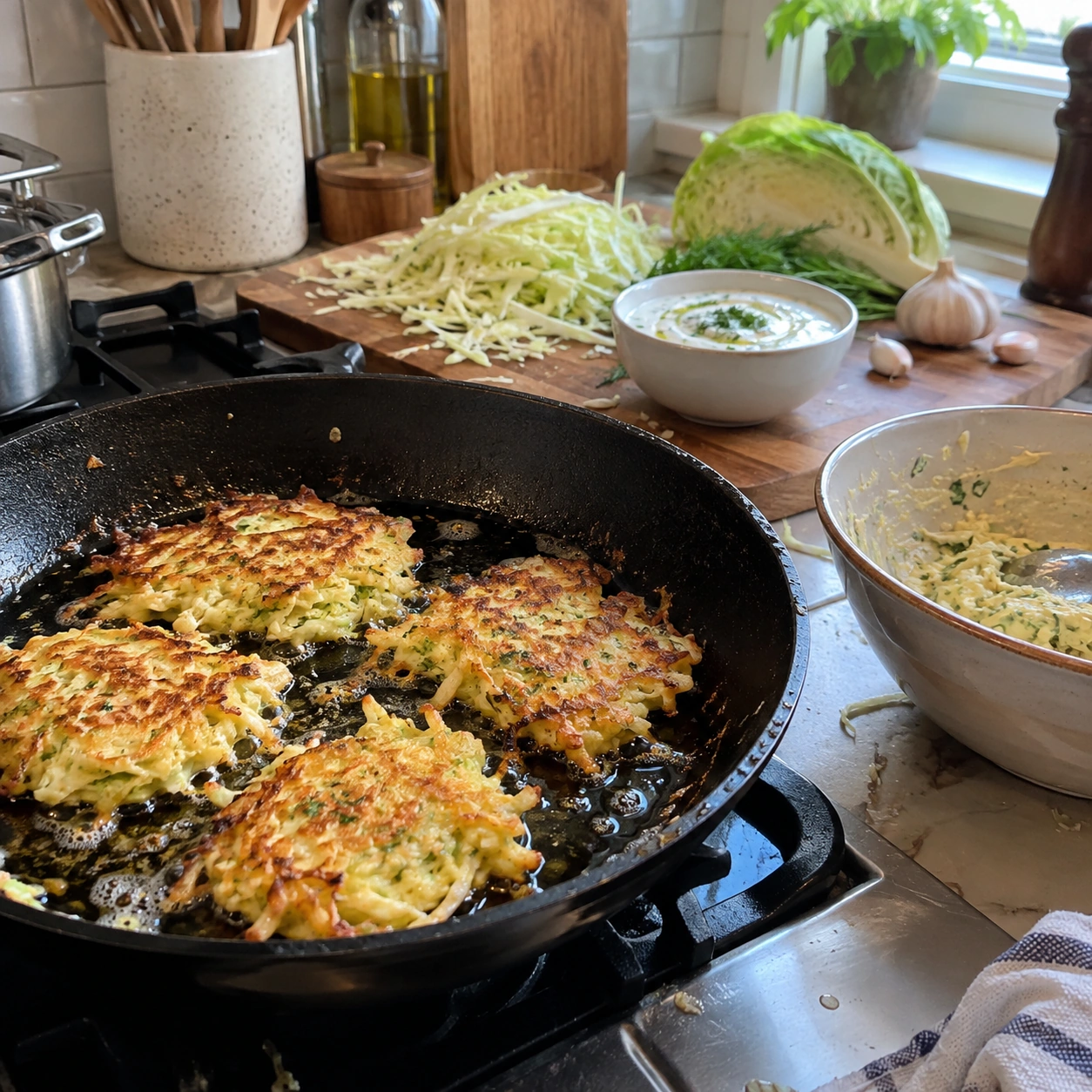 Cabbage fritter mixture being prepared with shredded cabbage, eggs and seasonings before pan-frying