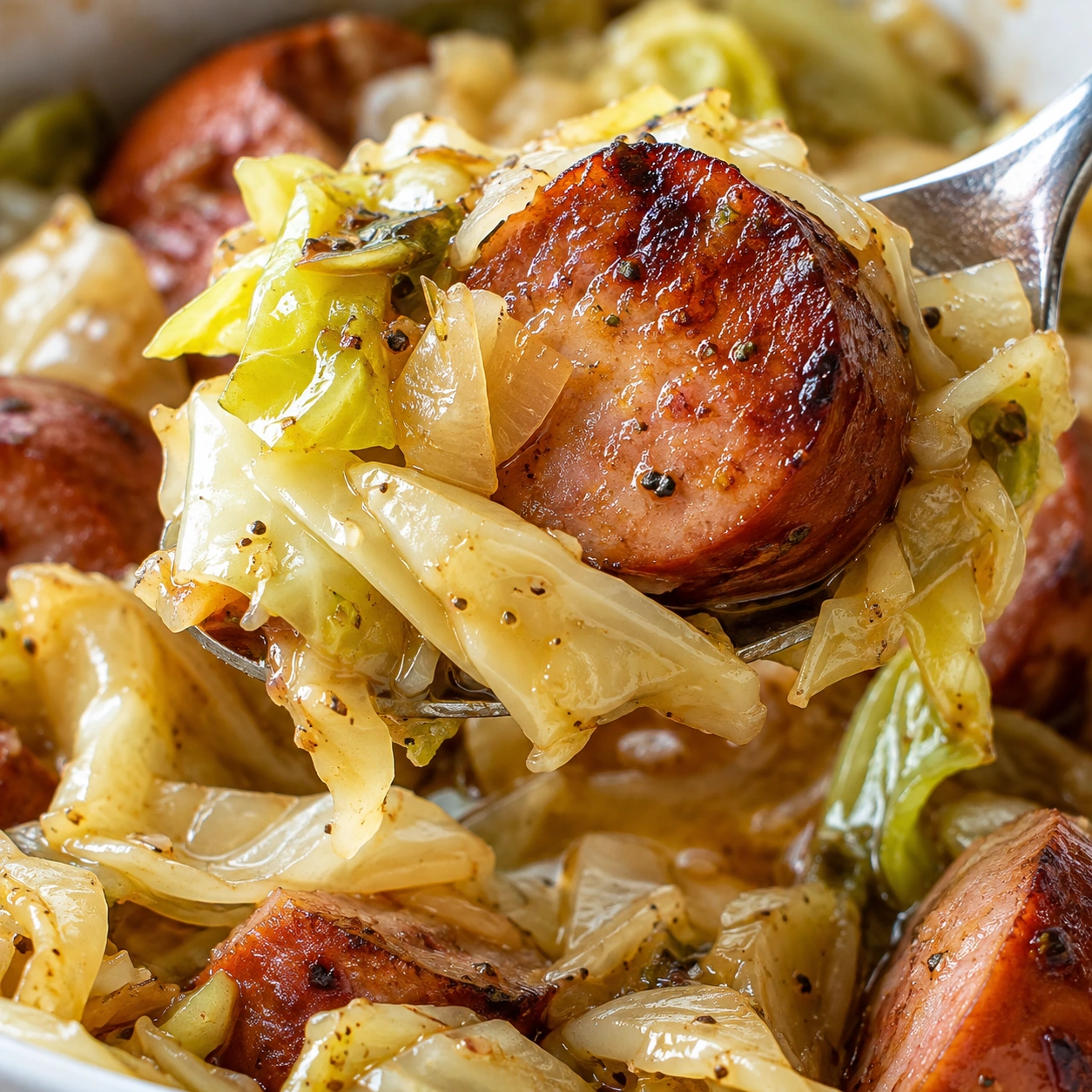 Close-up of tender cabbage, smoky sausage slices, and buttery potatoes after slow cooking