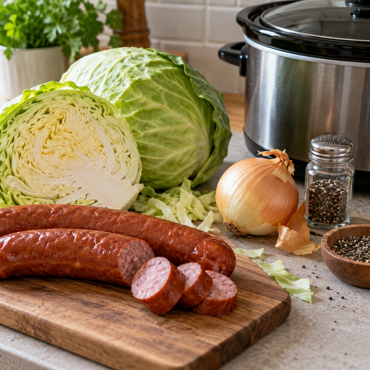 Four main ingredients for slow cooker sausage and cabbage: kielbasa, green cabbage, Yukon Gold potatoes, and onion