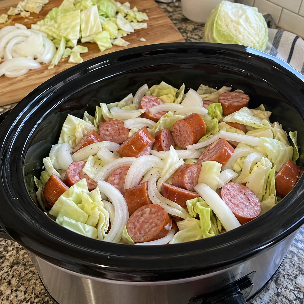 Sliced smoked kielbasa with chopped cabbage, potatoes, and onion being prepared for slow cooking
